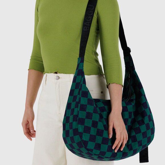 NWT Baggu Large Crescent Bag - Navy Green Check - Picture 4 of 5